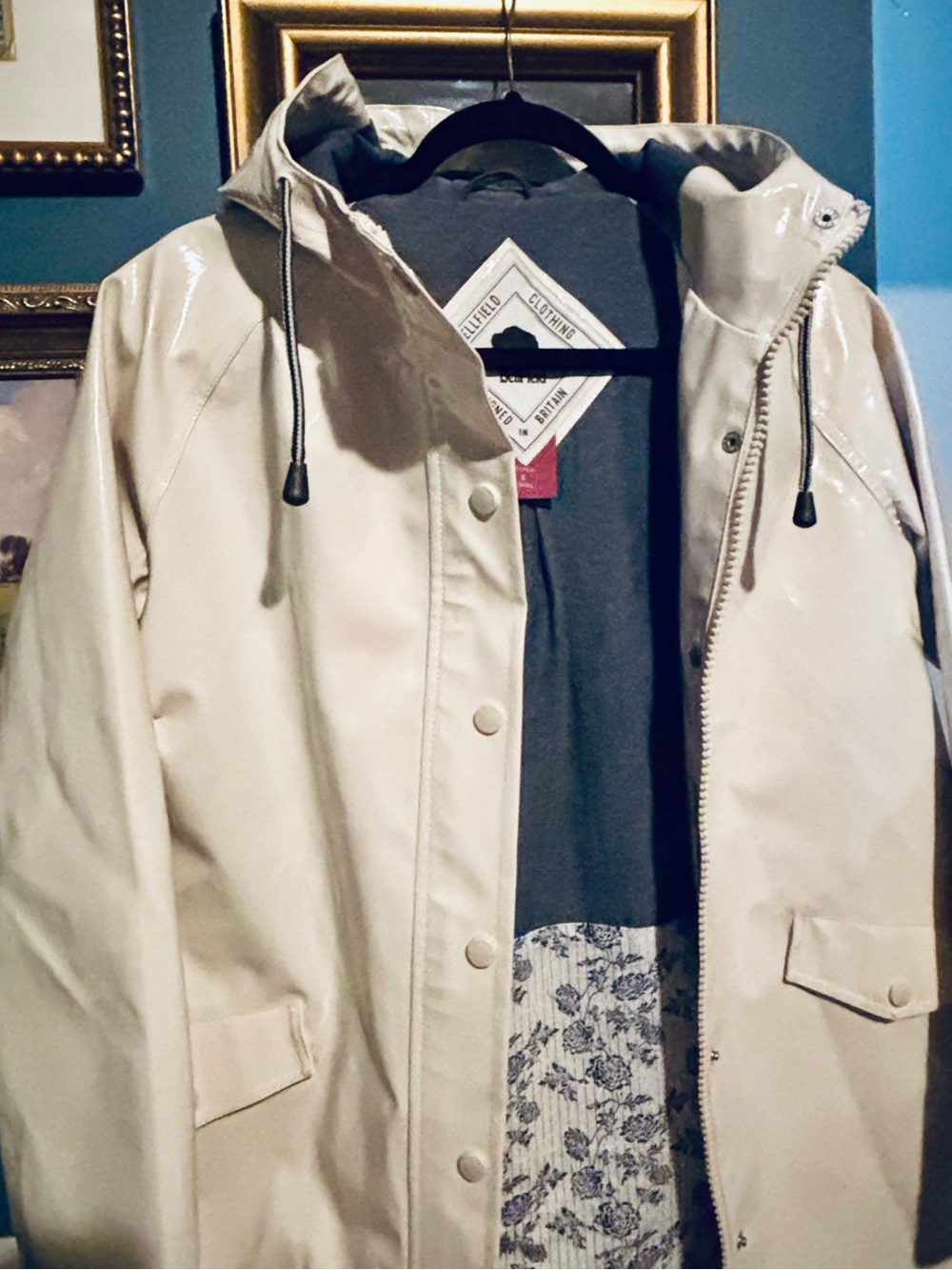 Bellfield Cream Waxed Rain Jacket Hooded Floral Lined British XS